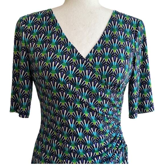 Evan Picone Dress Teal Green Purple Print Short Sleeve Faux Wrap Ruched Size 4 - Picture 3 of 12